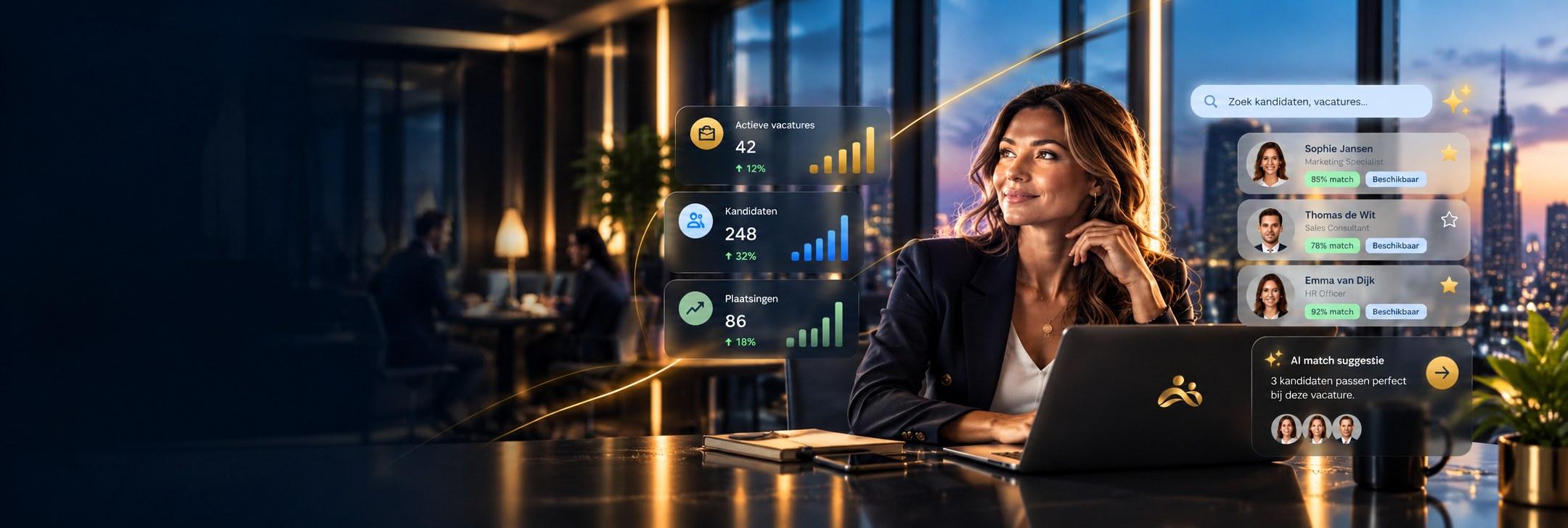 Recruiter achter een laptop met PeopleFlowOS-statistieken